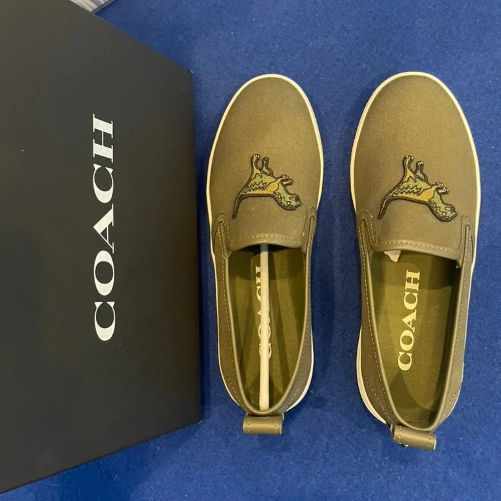 Coach Olive Green Canvas Slip-On Loafers with Dinosaur Patch